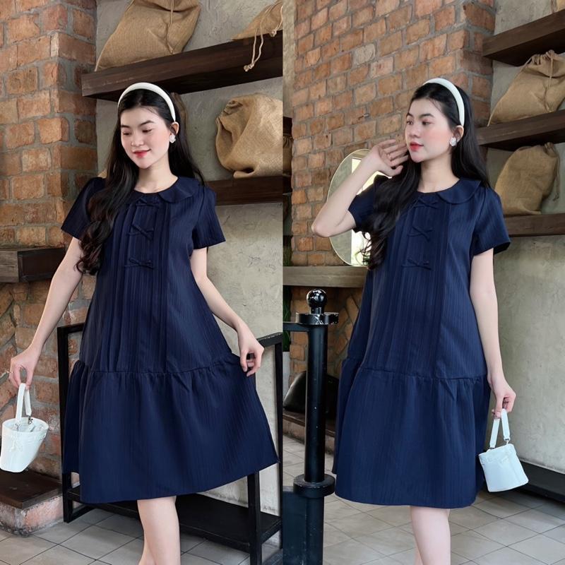 Đầm bầu cổ sen đính nơ dễ thương form đuôi cá gọn dáng, thanh lịch chất xốp Hàn Váy bầu dễ thương - Xanh đen