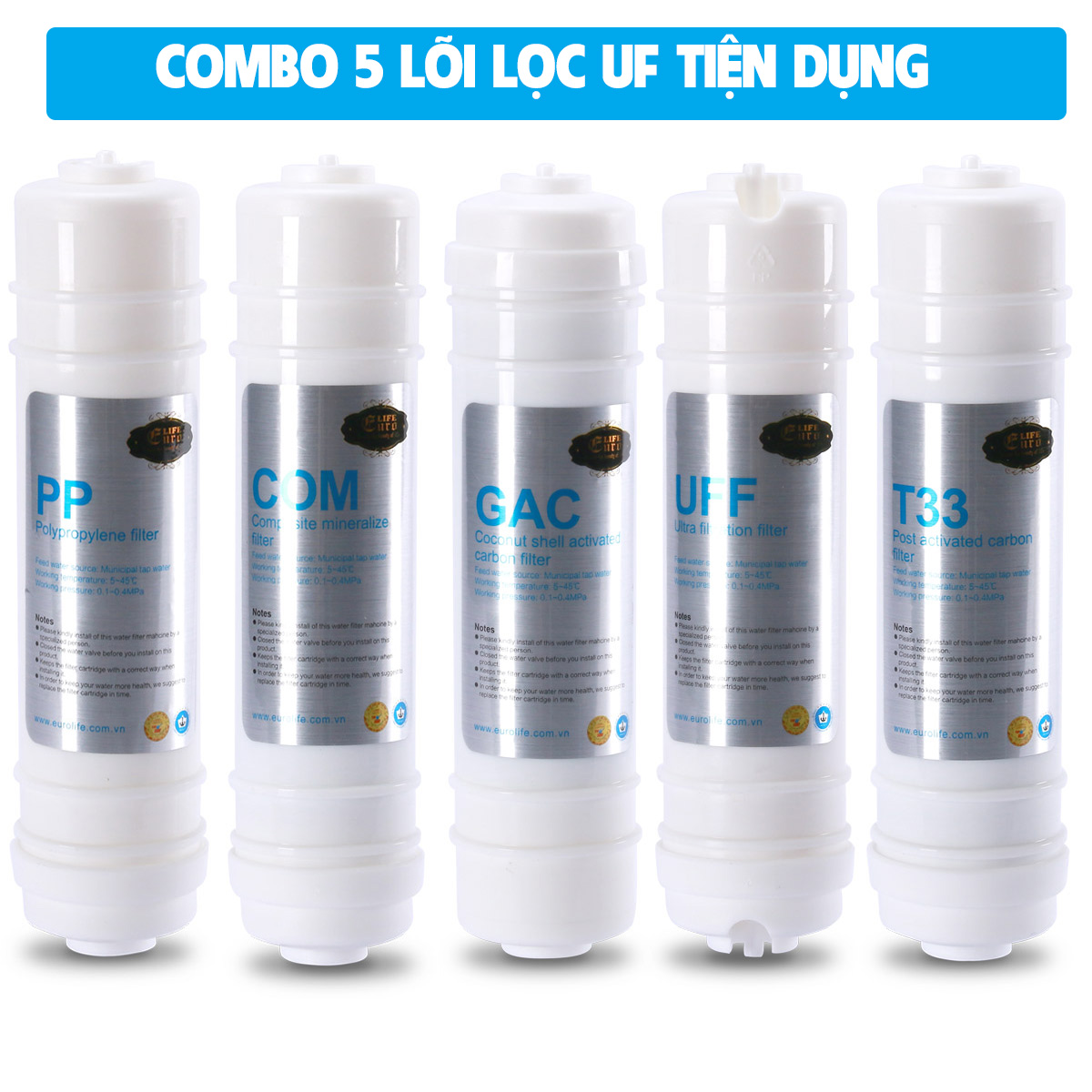 Combo 5 Lõi Lọc Cho Máy Lọc Nước Tinh Khiết Uf5 Ultra Filter Eurolife Combo - Ll - Uf
