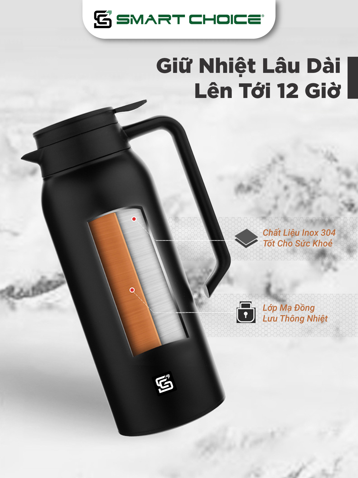 Phích Giữ Nhiệt SMARTCHOICE Chính Hãng Bình Giữ Nhiệt 1500ml Kết Cấu 2 Lớp Thép Không Gỉ SCG-PK073