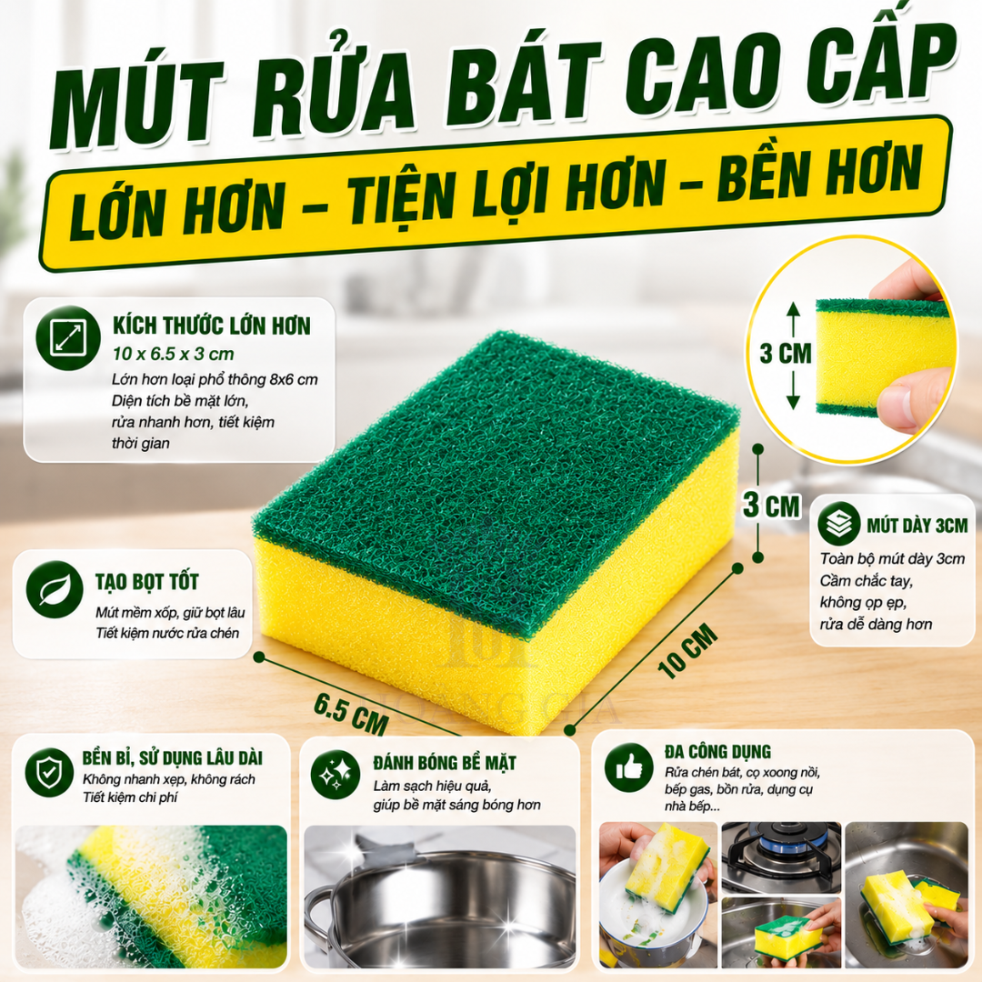 Mút Rửa Bát Cao Cấp HG Home 10x6.5x3cm - Dày Hơn, Cầm Chắc Tay, Cọ Sạch Nhanh, Không Cong Vênh