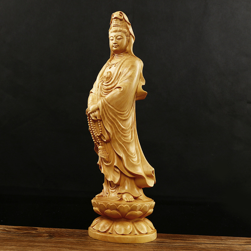 Tượng Phật Quan Âm đứng đài sen bằng gỗ Hoàng Dương