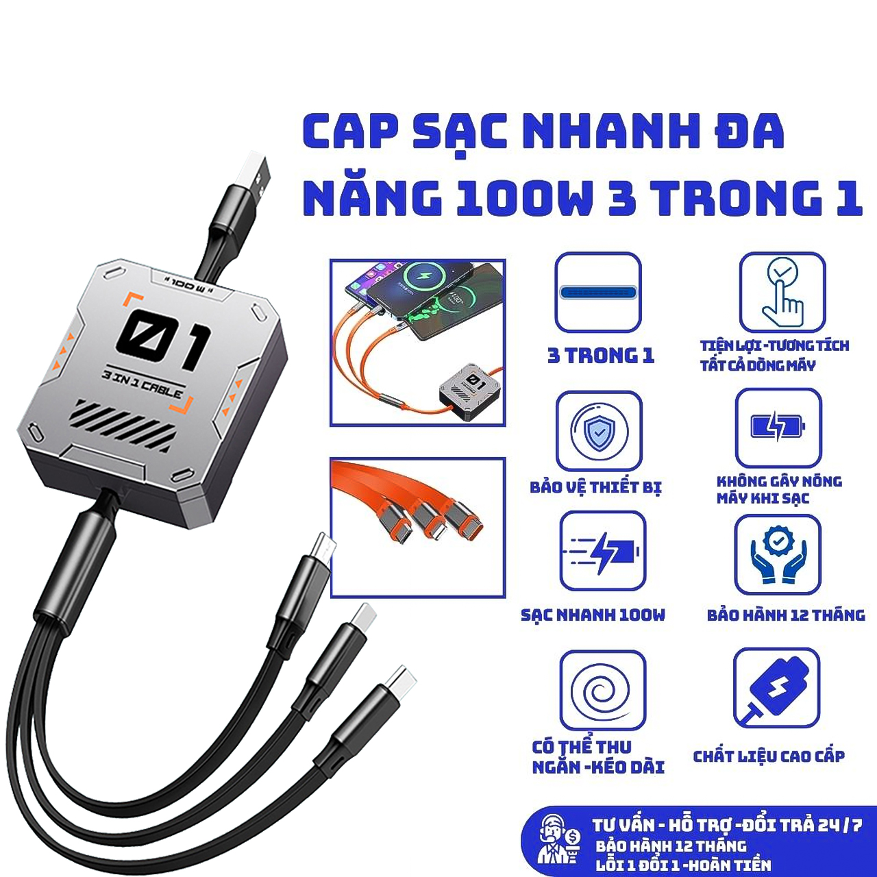 Cáp Sạc Nhanh 6A 3-Trong-1 Vinetteam Có Cuộn Dây Chống Rối, Tính Năng Kéo Rút Linh Hoạt, Hỗ Trợ Sạc Nhanh 100W trong Hộp Kim Loại Cao Cấp - hàng chính hãng