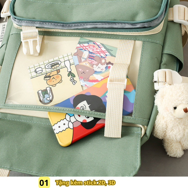 Combo 4 món balo nữ BH Kids, phiên bản Hàn Quốc, vải Canvas, chống nước, chống sốc - CH122