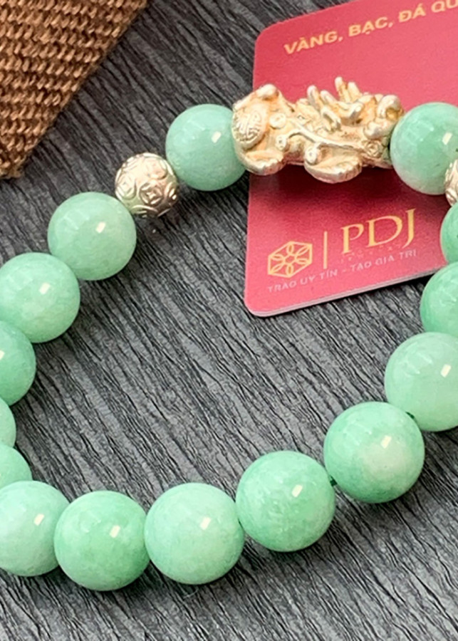 Vòng Đá Thạch Anh Xanh Vân 10 Ly Charm Tỳ Hưu Bạc