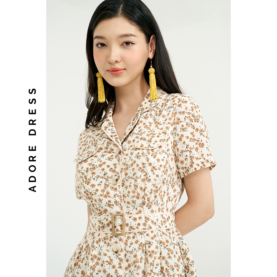 Đầm mini dresses lụa cream hoa nhí nâu cổ 2 ve 311DR1049  ADORE DRESS