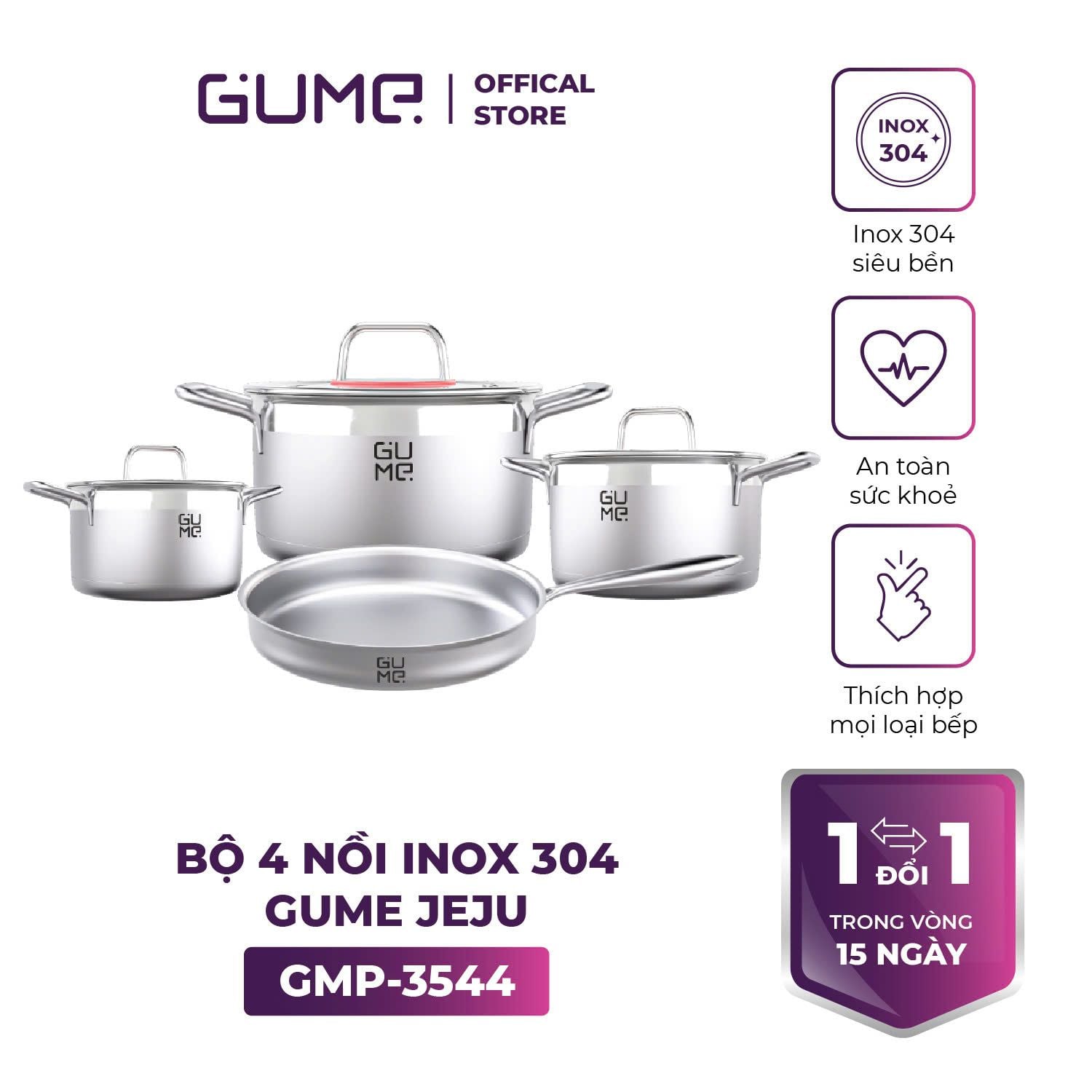 Bộ nồi 4 món inox 304 Jeju GUME GMP-3544 Hàng chính hãng