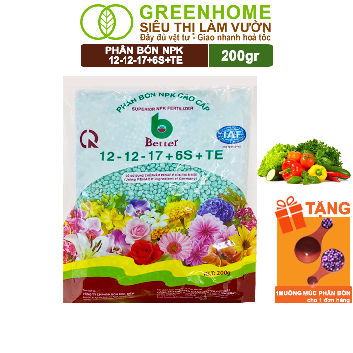 Phân bón NPK 12-12-17-6S+TE Greenhome, Better, Bao 1kg, Tăng Đậu Trái Cây Ăn Củ, Quả