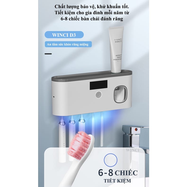 Hộp đựng bàn chải đánh răng khử khuẩn bằng tia UV, lấy kem tự động bảo vệ sức khỏe răng miệng cho cả gia đình - Hàng Chính Hãng
