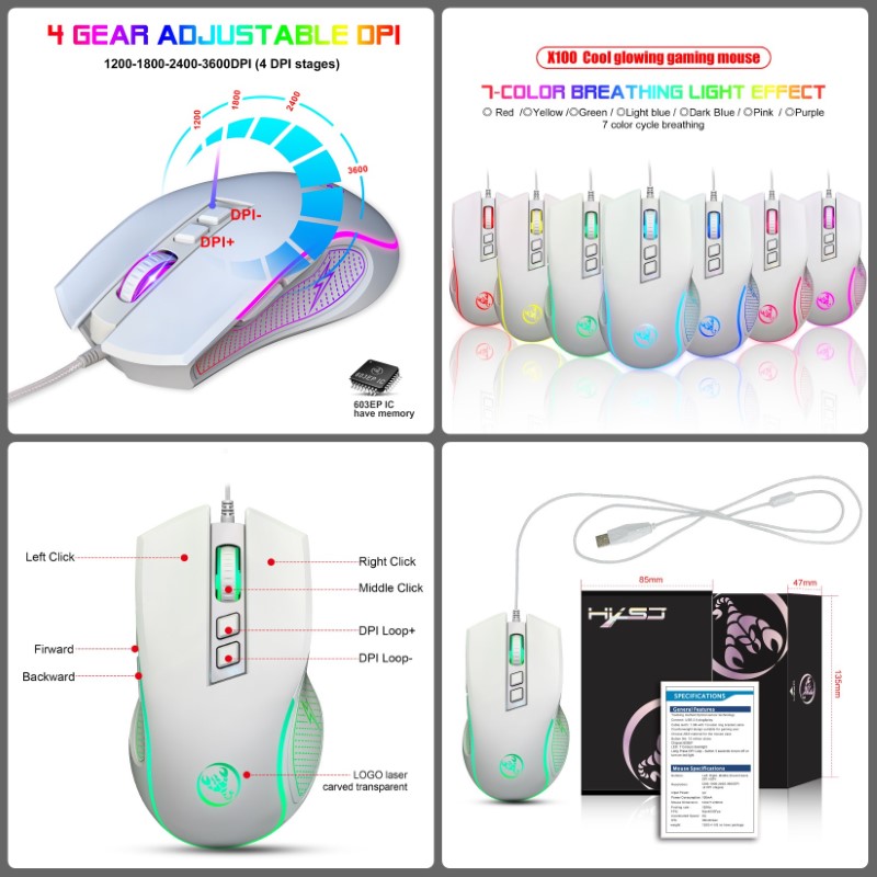 Chuột LED RGB 3600 DPI Gaming Mouse HXSJ X100 - hàng nhập khẩu