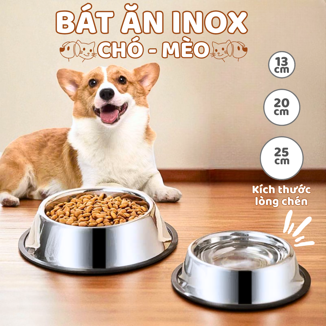 Bát ăn cho chó, mèo, thú cưng - Chất liệu thép không gỉ - Mẫu inox đơn giản dễ vệ sinh - Size nhỏ 18cm