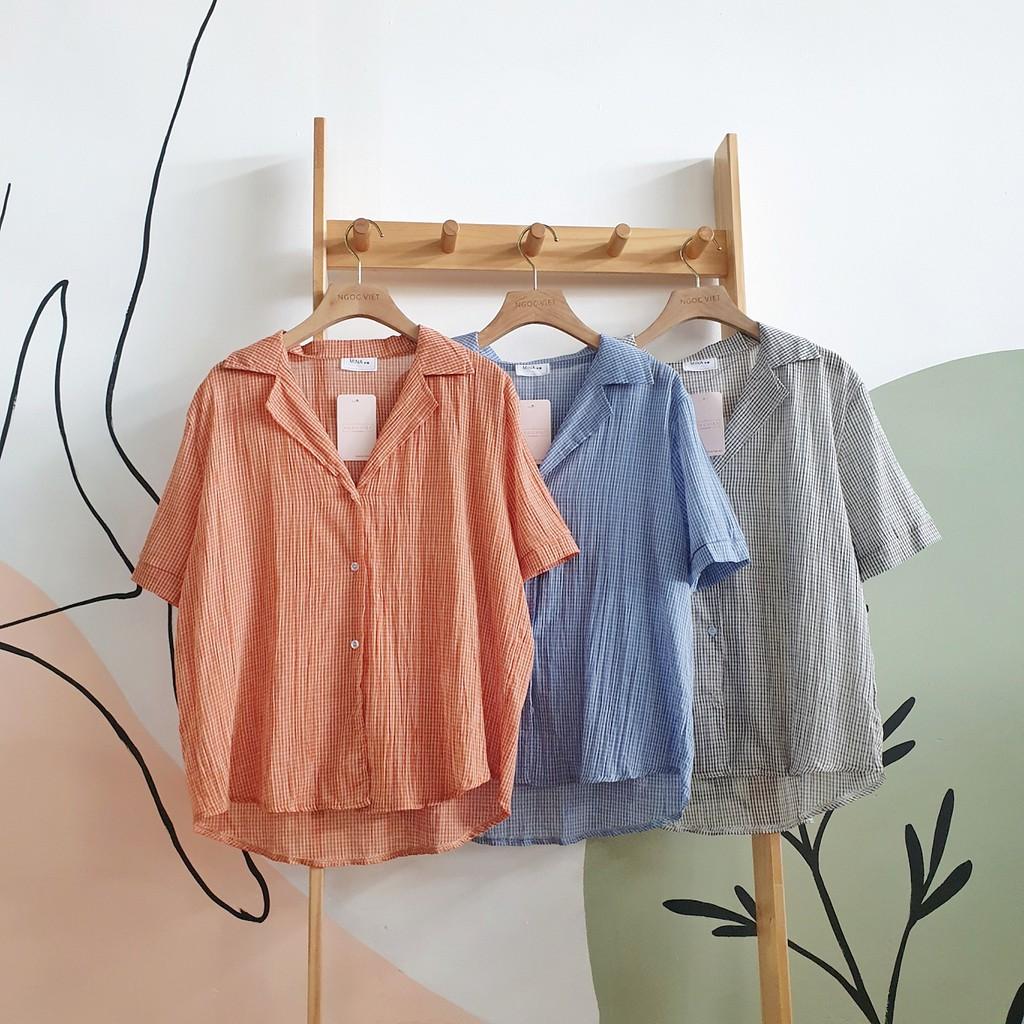 Áo Sơ Mi Tay Ngắn Caro Nhí, Cổ Vest