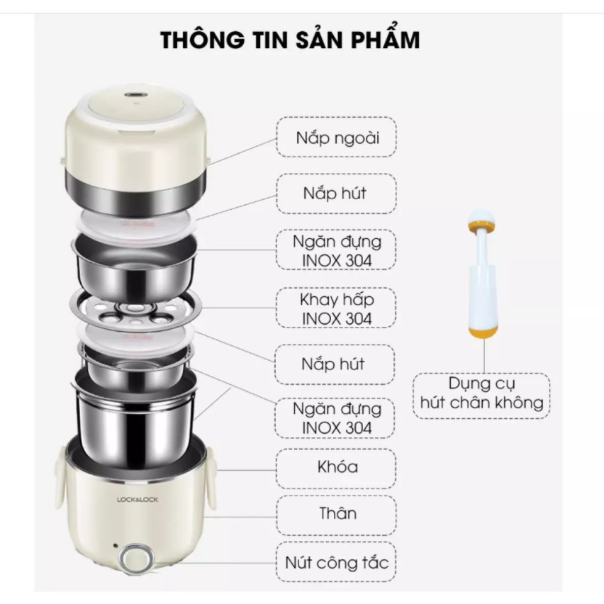 Hộp Cơm Điện Lock&Lock EJR226IVY 2Lít Có Thể Nấu Và Hâm Nóng Thức Ăn, Kèm Dụng Cụ Hút Chân Không - Hàng Chính Hãng Tặng Combo Ống Hút + Cọ Rửa