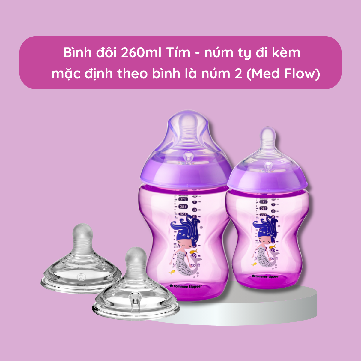 Bình Sữa Ty Siêu Mềm Tự Nhiên Tommee Tippee Closer To Nature 260ml, Núm Ty Của Bình 3-6 Tháng – Tím (Bình Đôi)