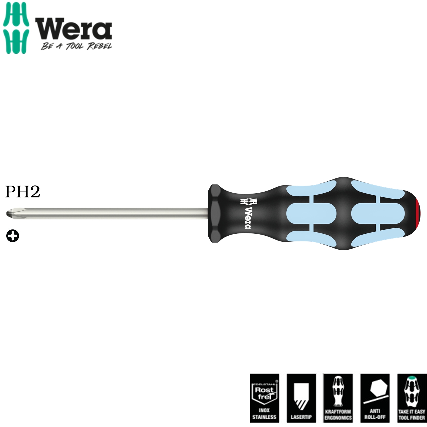 Tua vít thép không gỉ 4 cạnh Wera 05032022001 3350 PH 2 x 100 mm