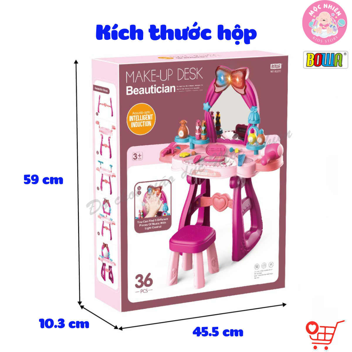 Đồ chơi hướng nghiệp nhập vai BOWA 8222C - Bàn trang điểm, kèm ghế, có nhạc, cảm ứng, có dùng pin 36 chi tiết