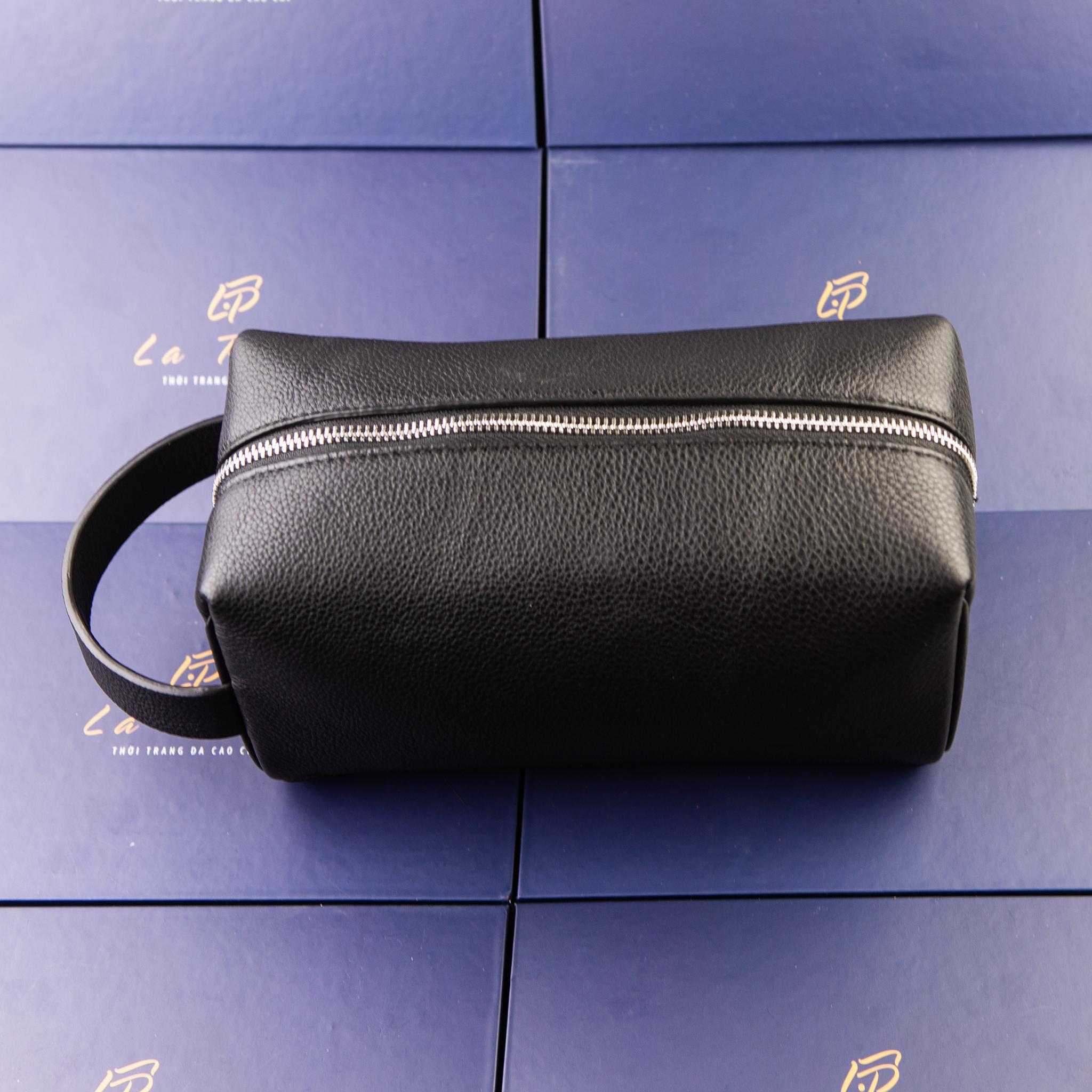 Túi Clutch xách tay dáng hộp da bò thật - Thiết kế và sản xuất bởi La Pelle tại Việt Nam - Màu đen phiên bản 2020