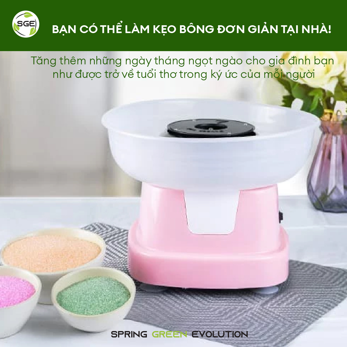 Máy Làm Kẹo Bông Gòn Mini SGE BX-G400 Công Suất 400W Vỏ Máy Inox, PP Dễ Sử Dụng Giá Hấp Dẫn - Tặng Thìa Đong, Que Kẹo