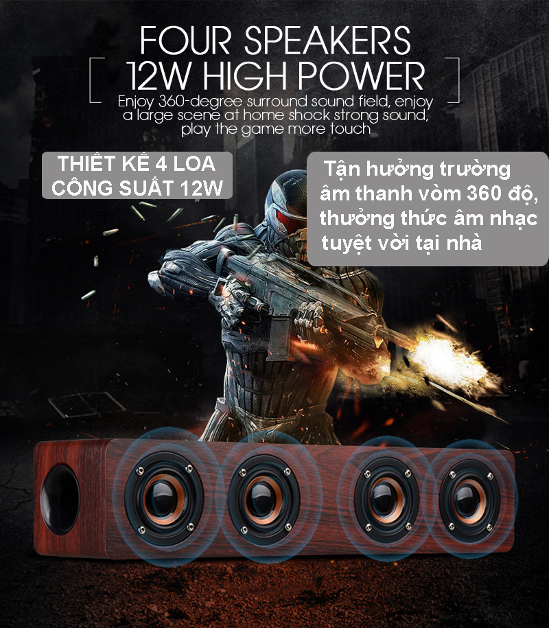 Loa gỗ Bluetooth W8 Hifi 12W Loa siêu trầm không dây Âm thanh nổi Chất liệu từ gỗ cao cấp, có 4 loa nghe nhạc cực hay - Hàng Chính Hãng