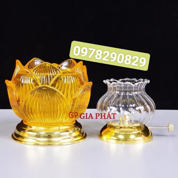 Đèn Thờ Dầu Hoa Sen Thủy Tinh Chân Đồng - Cực Sang Trọng