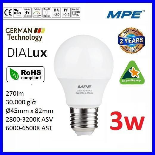 Bóng led bulb 3W cao cấp MPE LBD-3 ( tiêu chuẩn Châu Âu ). Chất liệu nhựa PC cao cấp chống va đập chịu nhiệt và truyền dẫn ánh sáng tốt
