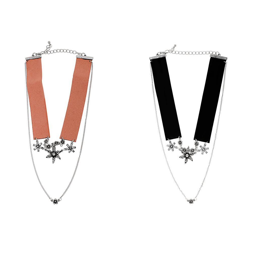 Women's Double Layers Crystal Rhinestone Flower Choker Chunky Necklace Pink