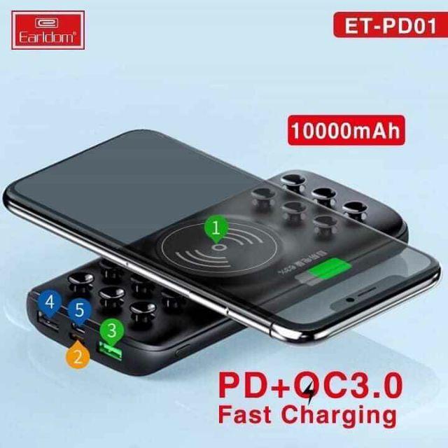 Sạc dự phòng không dây 10000mAh  Earldom PD-01 hỗ trợ sạc nhanh Quick Charge 3.0- Hàng chính hãng (TẶNG KÈM ĐẦU ĐỌC THẺ NHỚ CAO CẤP)