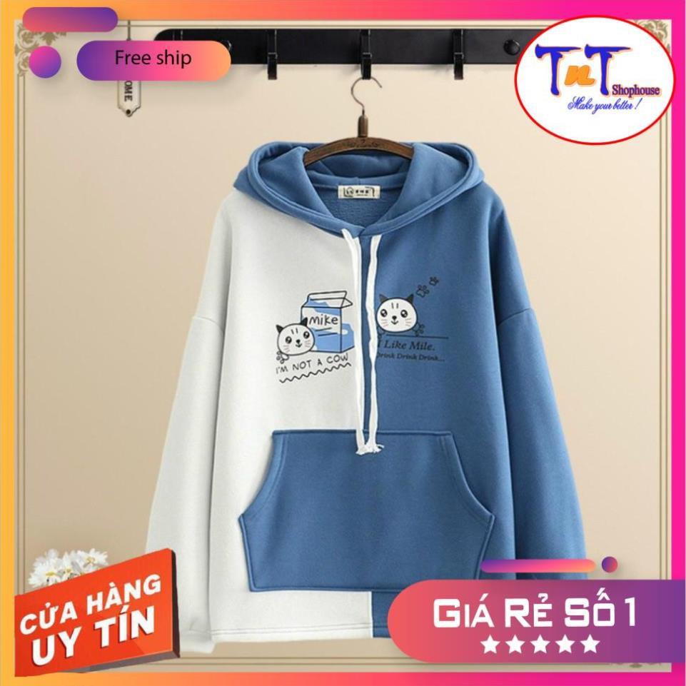 KN20 Áo Khoác Nỉ Hoodie 2 Màu Hình Mèo Phối Túi Áo Nỉ Dài Tay Cho Nữ thời trang sinh viên học sinh cao cấp