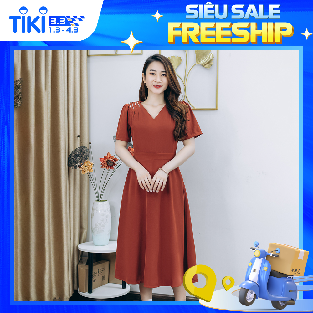 Đầm xòe thiết kế trung niên sang trọng quý phái Cổ tim tay ngắn kết đá màu Cam gạch TTV STORE TTV1250