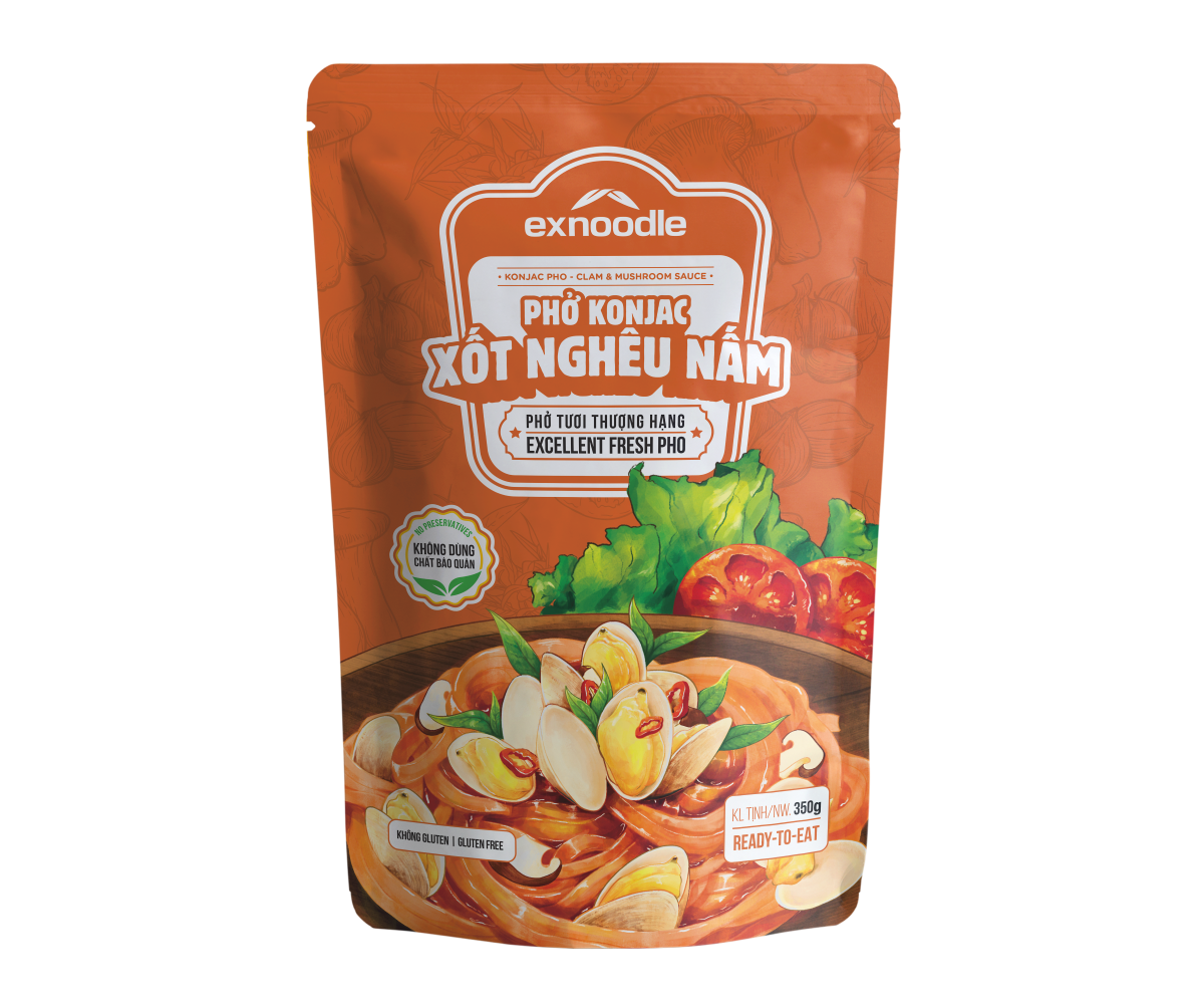 Phở konjac Xốt nghêu nấm-Phở tươi thượng hạng Exnoodle, ít calorie,giàu xơ,không chất bảo quản, sd trực tiếp