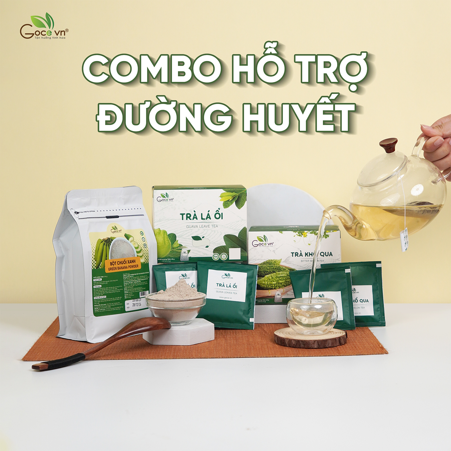 Combo Hỗ trợ đường huyết (1 hộp Trà khổ qua túi lọc 40g, 1 hộp Trà lá ổi túi lọc 40g, 1 túi Bột chuối xanh 300g)