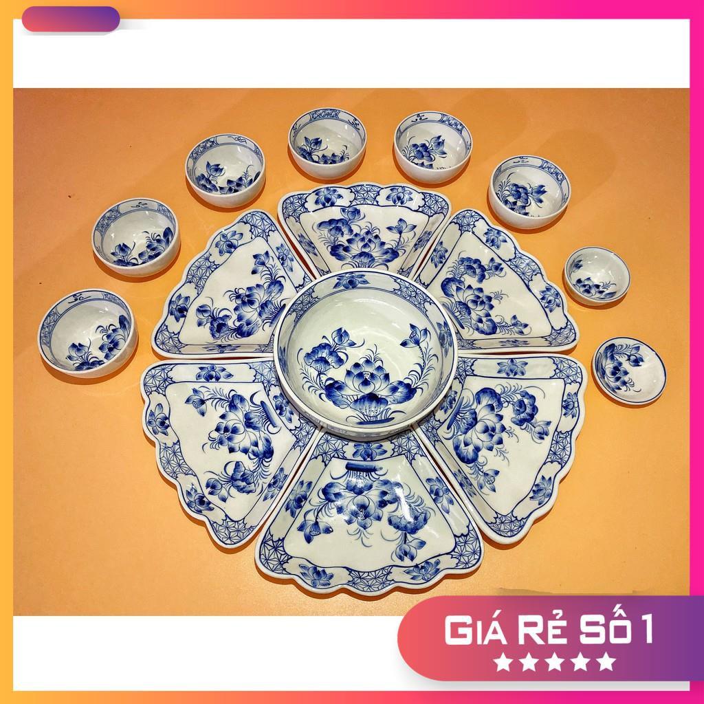 Bộ bát đĩa sứ, bộ đồ ăn mặt trời xanh hoa sen phú quý cao cấp