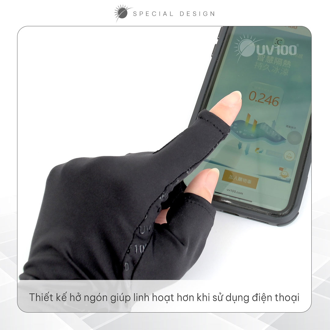 Găng tay chống nắng hở ngón chống tia UV UPF50+ chất vải thoáng mát, kháng khuẩn UV100 KC22421