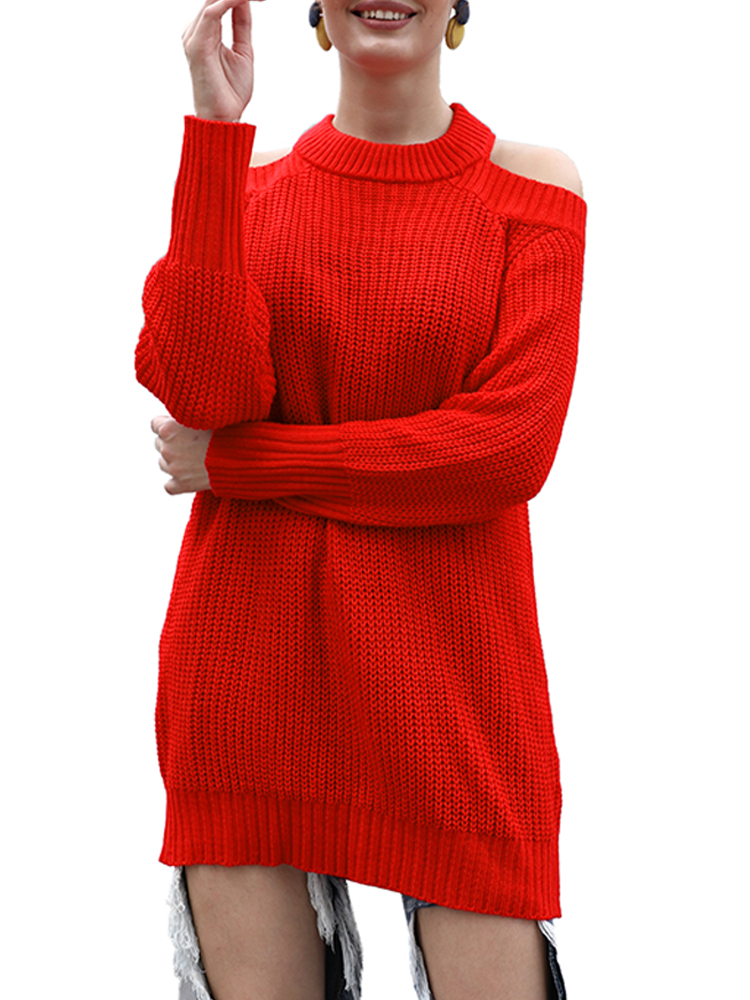 Women Sweater Solid Color Off-the-Shoulder Long Sleeve Open Back Ribbed Loose Casual Streetwear