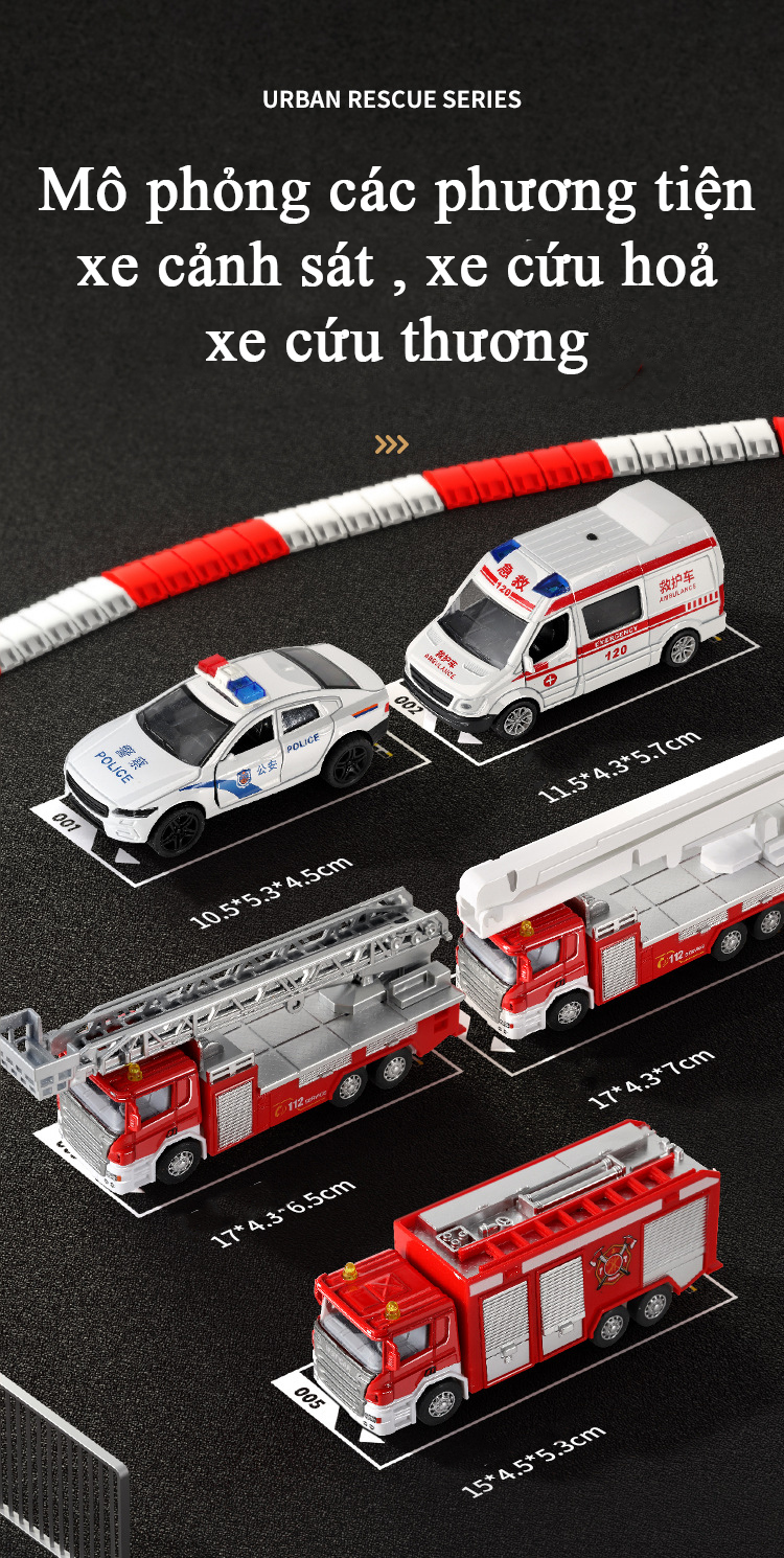 Hộp quà đồ chơi xe cảnh sát xe cứu hoả, cứu thương bằng hợp kim có nhạc và đèn gồm 5 chiếc