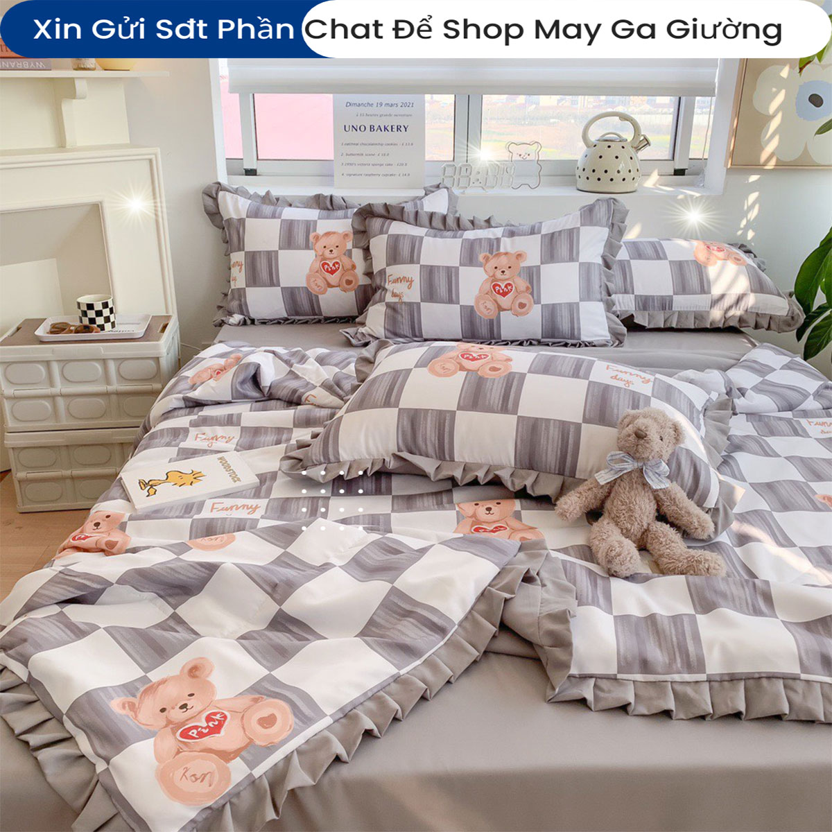 Bộ Chăn Ga Gối Đệm Hè Cotton Tici ANNA NGUYÊN Drap Giường Cotton Cao Cấp Mẫu Kẻ Ô Bo Chun Drap