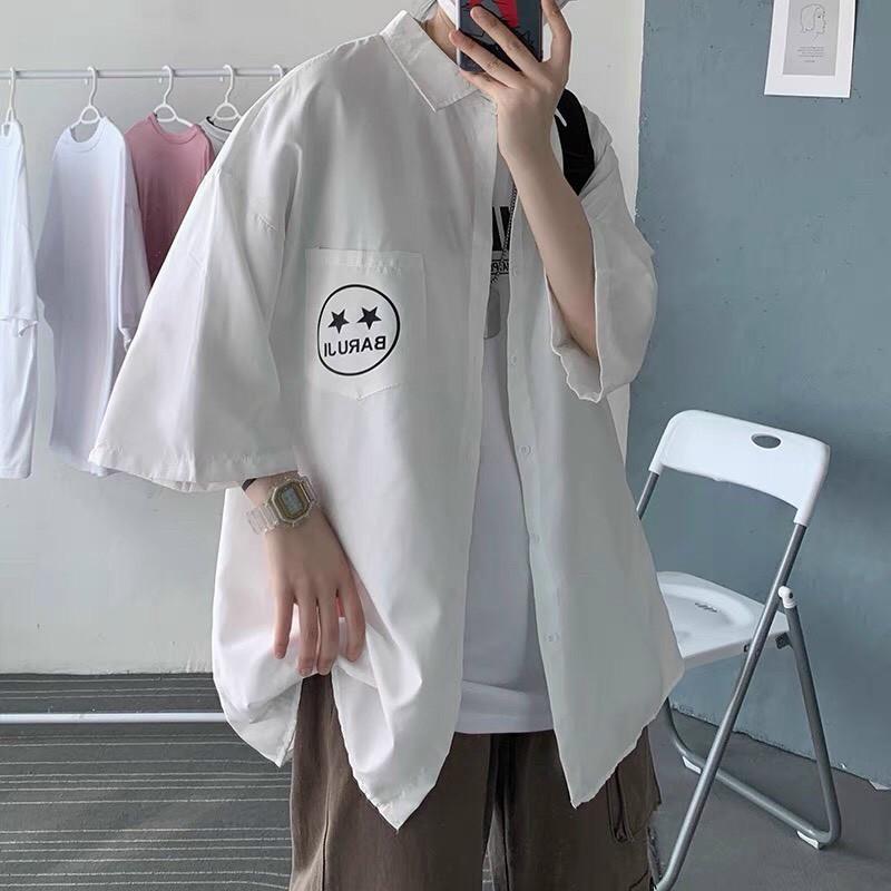 Áo sơ mi tay lỡ In Mặt Cười unisex kaki form rộng Quốc Dân nam nữ fullsize ulzzang