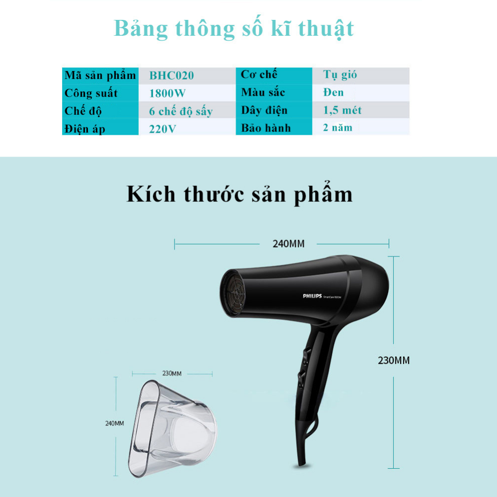 Máy sấy tóc Philips 2 chiều nóng lạnh BHC020 công suất lớn 1800W - Hàng nhập khẩu