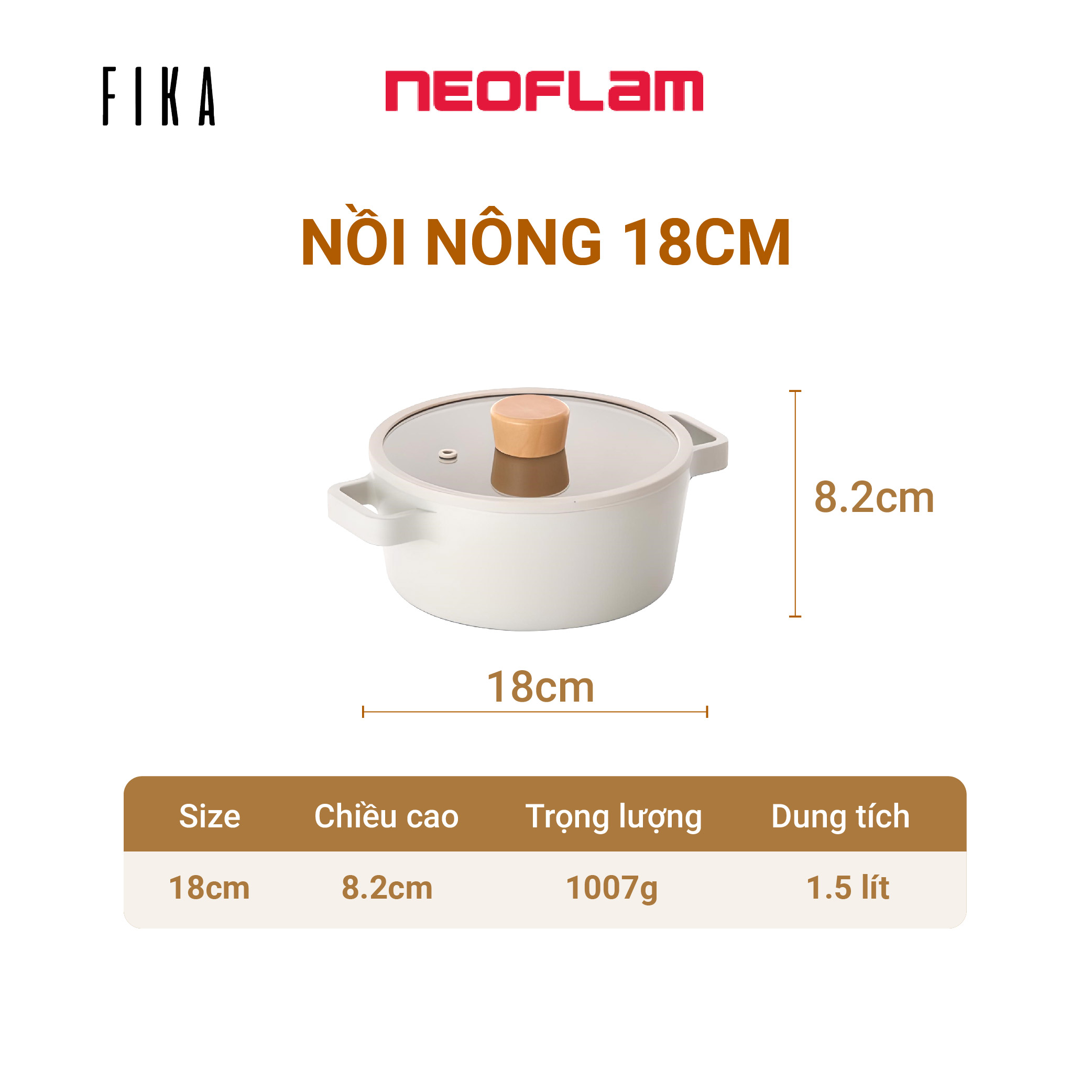 Nồi cỡ nhỏ Neoflam Fika 18cm, dung tích 1.5L, trọng lượng 1kg. Made in Korea, Hàng có sẵn giao ngay