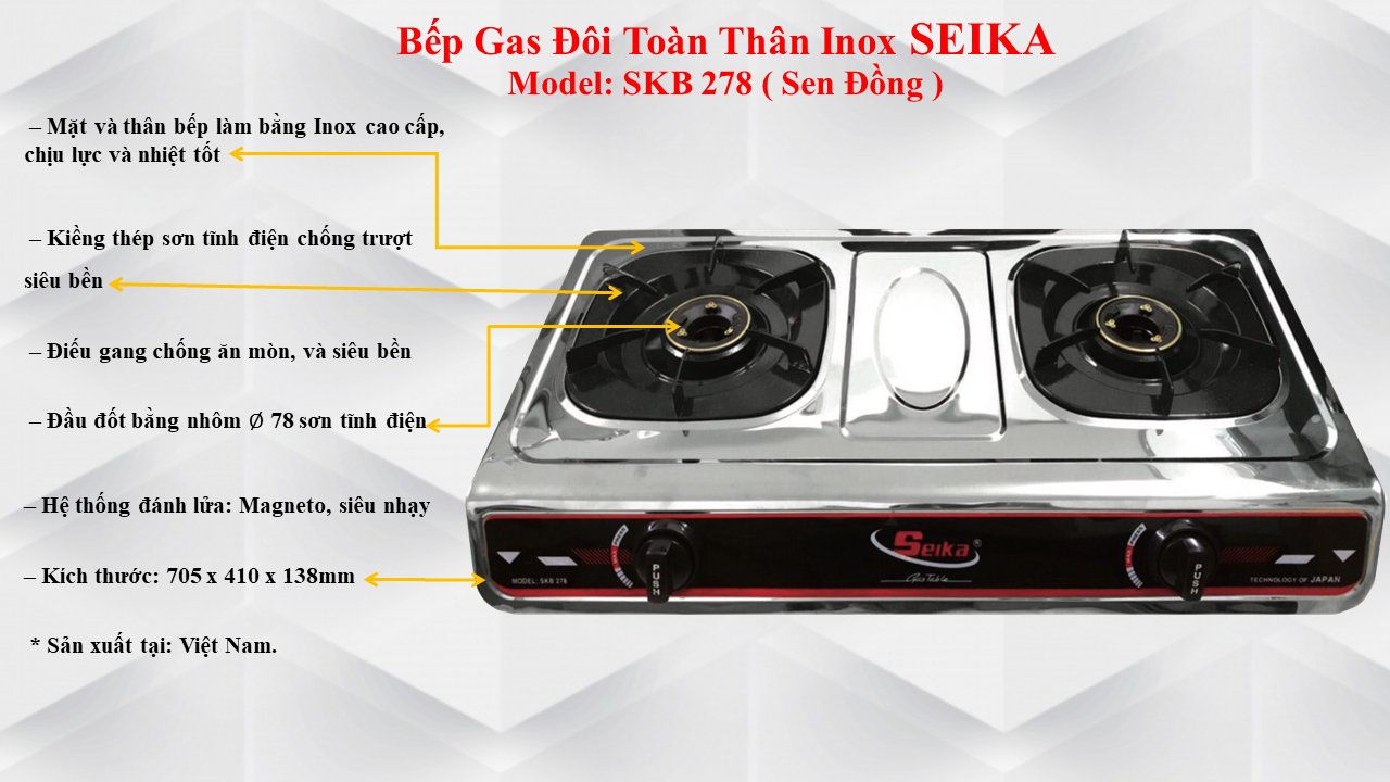 Bếp Gas Đôi Toàn Thân Inox Seika SKB278 - Hàng Chính Hãng