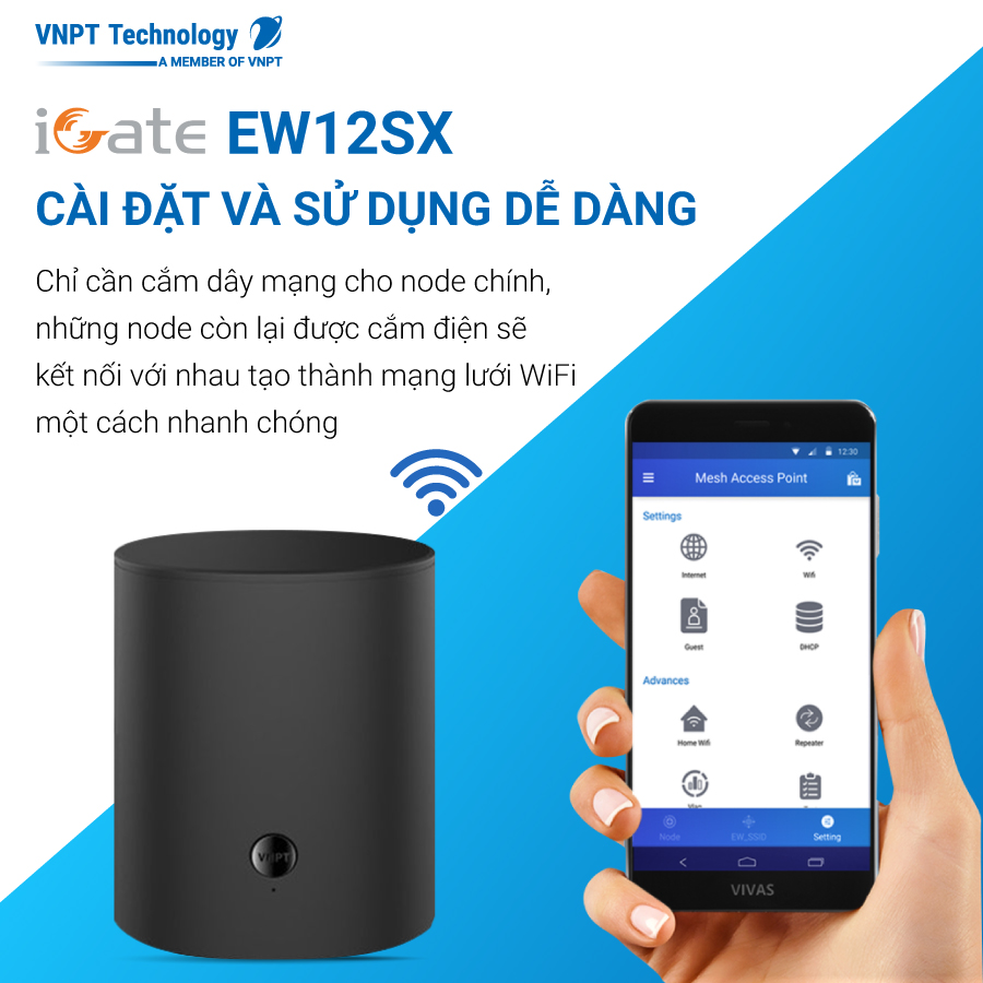 Hệ thống Wifi công nghệ Mesh 2 băng tần chuẩn AC 1200Mbps VNPT Technology iGate EW12SX hàng chính hãng