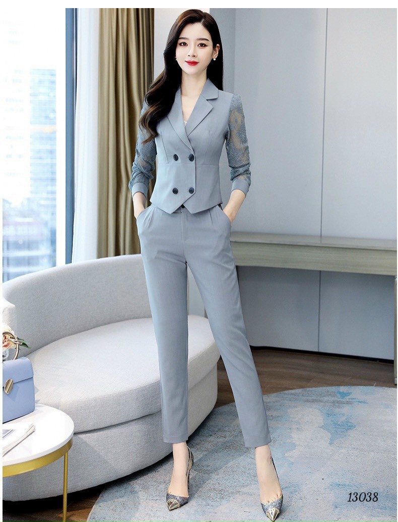 Set bộ vest tây cotton tây ren dài quần tây màu xanh đen công sở công tác lịch sự sang trọng