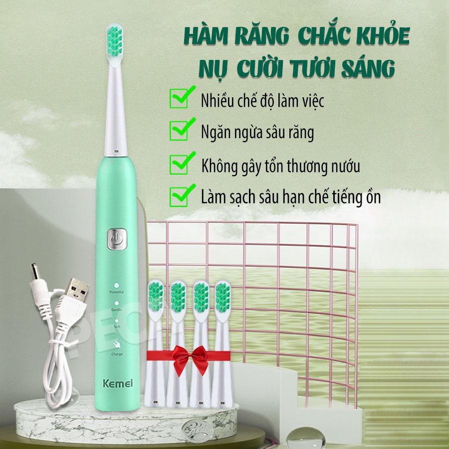 Bàn chải đánh răng điện KEMEI KM-YS713 công nghệ rung siêu âm Tặng kèm 5 đầu bàn chải