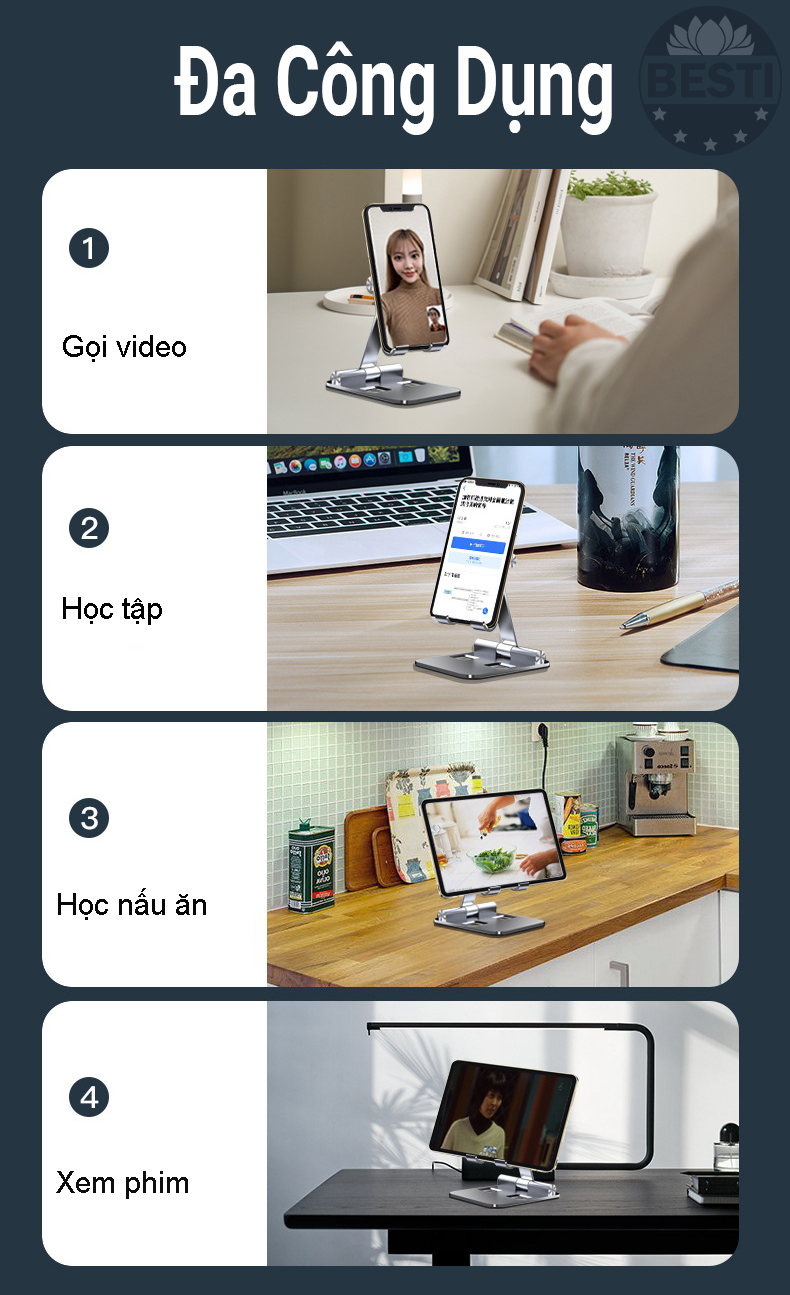 Giá Đỡ Điện Thoại, Máy Tính Bảng, Ipad Chất Liệu Hợp Kim Nhôm Cao Cấp - Điều Chỉnh Góc Độ, Gấp Lại Tiện Lợi Hàng Chính Hãng Besti