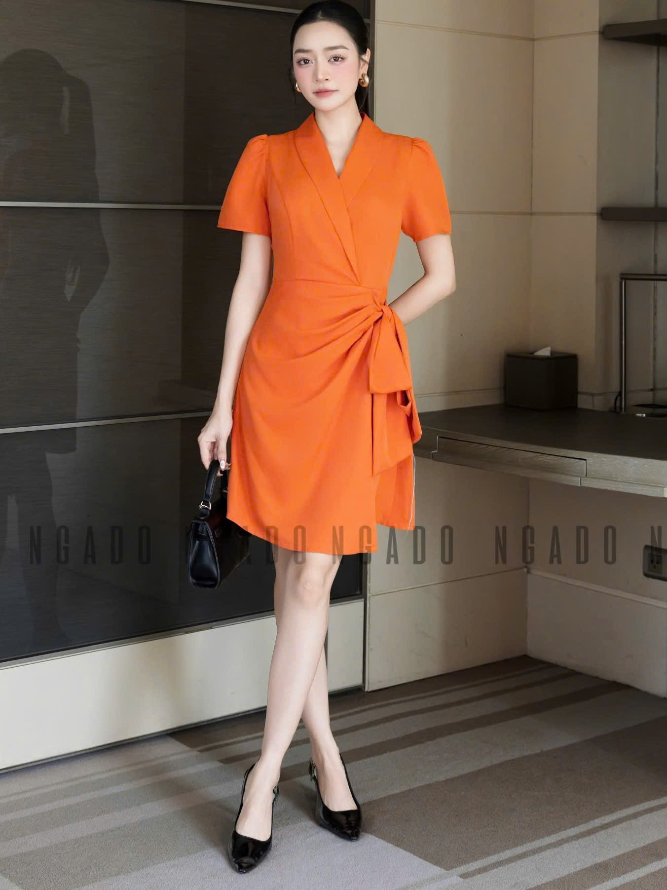 Đầm cam vạt xếp NGADO , đầm ngắn , đầm thiết kế Nữ