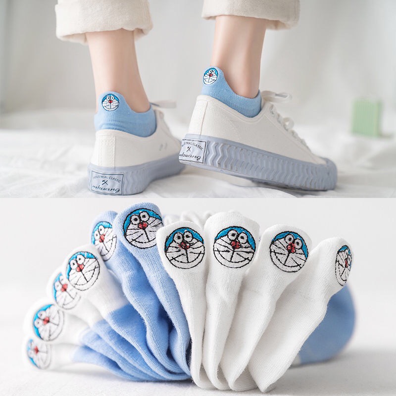 Combo 5 Đôi Tất Cổ Ngắn Thun Cotton Mềm Mại Họa Tiết Doraemon Tinh Nghịch Phong Cách Xanh Trẻ Trung TN80