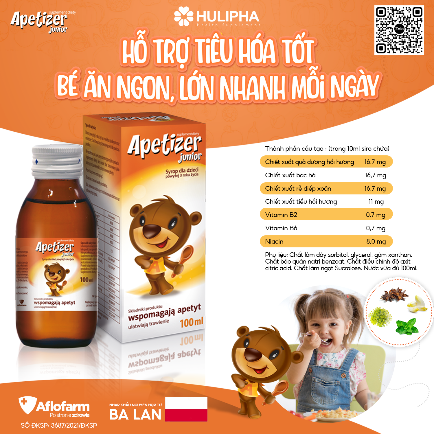 Siro Ăn Ngon Apetizer Junior Giúp Bé Hấp Thu Dinh Dưỡng và Vitamin Tốt, Giảm Biếng Ăn, Lớn Nhanh Chai 100ml