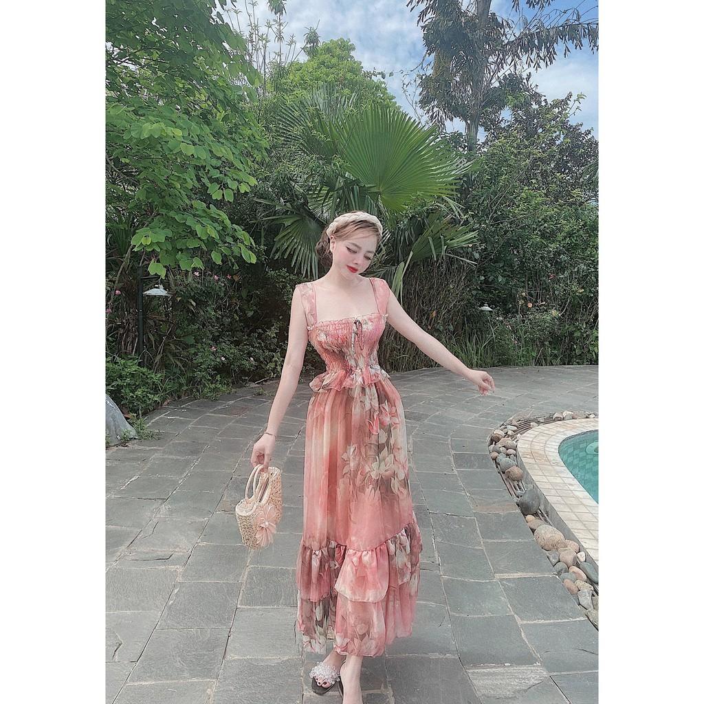 Đầm Maxi 2 Dây Bèo Nhún Ngực Bo Eo Đuôi Tầng Họa Tiết Hoa - Vải Chiffon - 2 Màu Hồng, Cam - Dành Cho Nàng Đi Dạo