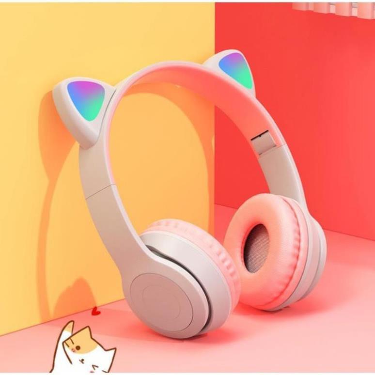 Tai nghe Bluetooth P47M gắn tai mèo dễ thương Phát sáng đèn đầy màu sắc Tai nghe LED có thẻ có thể gập lại