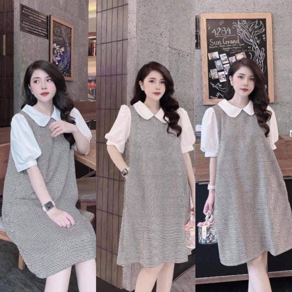 Váy bầu xinh thiết kế dáng suông công sở cổ sen tròn màu xám đen freesize 45-70kg