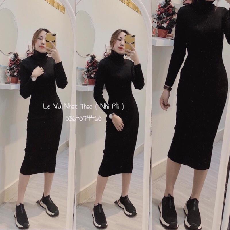 Váy đầm len body cổ lọ không xẻ dài 100cm